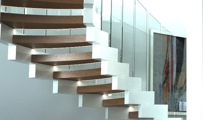 Díky rafinovaně umístěnému osvětlení dostává spirálové schodiště další rozměr.