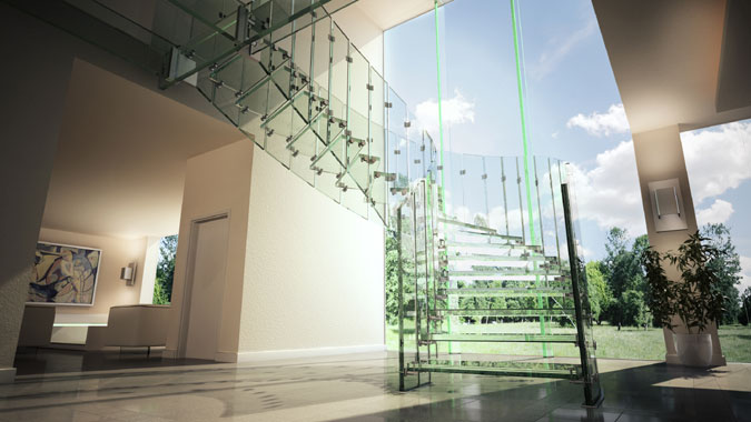 Skleněné schody - samonosné skleněné schodiště Fly.