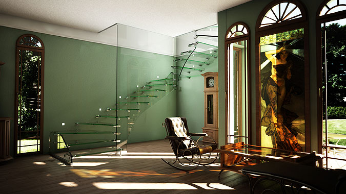 Vizualizace - celoskleněné schodiště Mistral Siller.